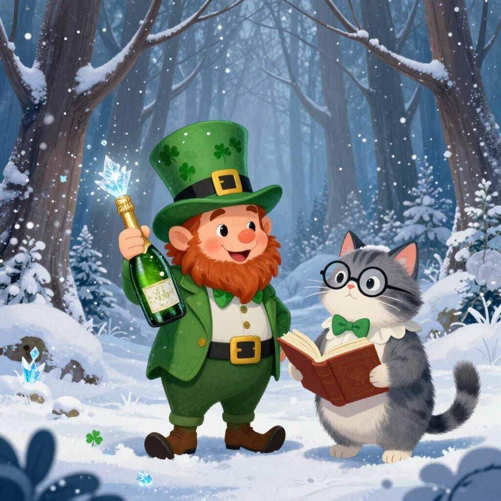 Festive Leprechaun and Wise Cat in Fairytale Winter Forest