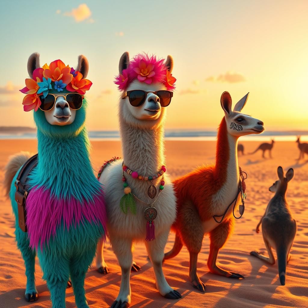 Llamas with Flower Hairstyles on Australian Beach