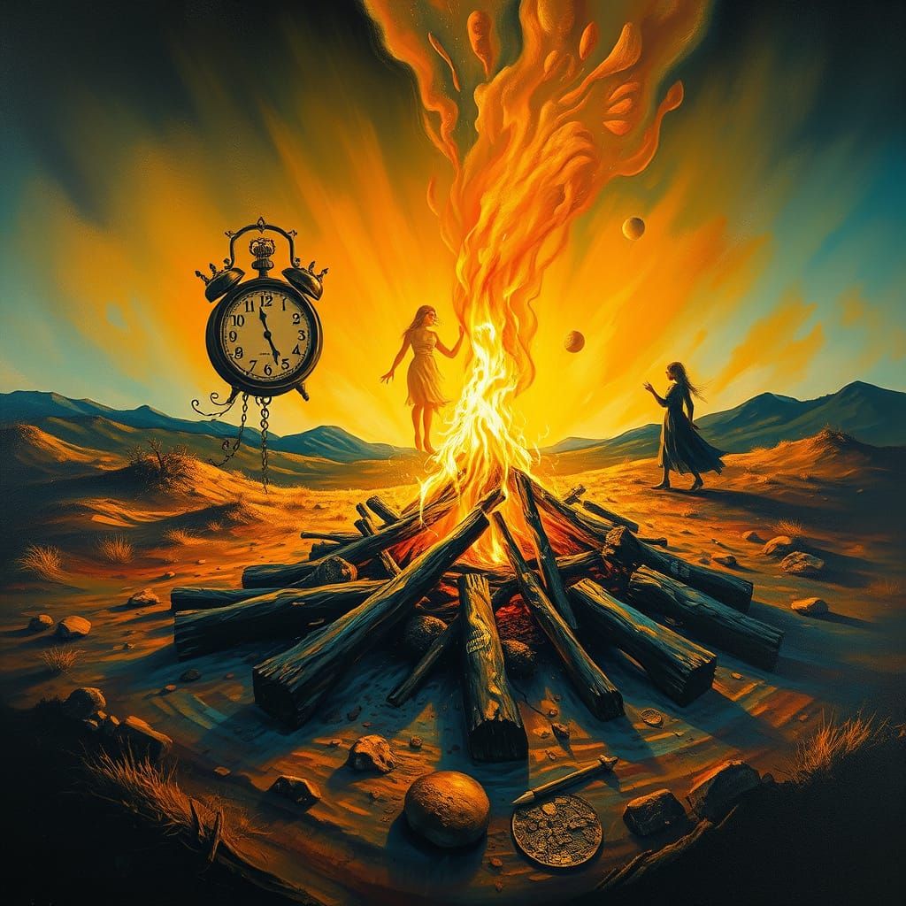 Mystical Bonfire in Surreal Dali-Inspired Landscape