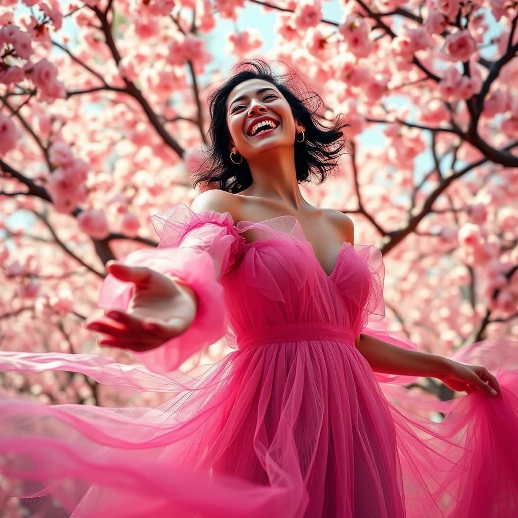 Psychedelic Jazz Art: Woman Dancing in Pink Blossoms