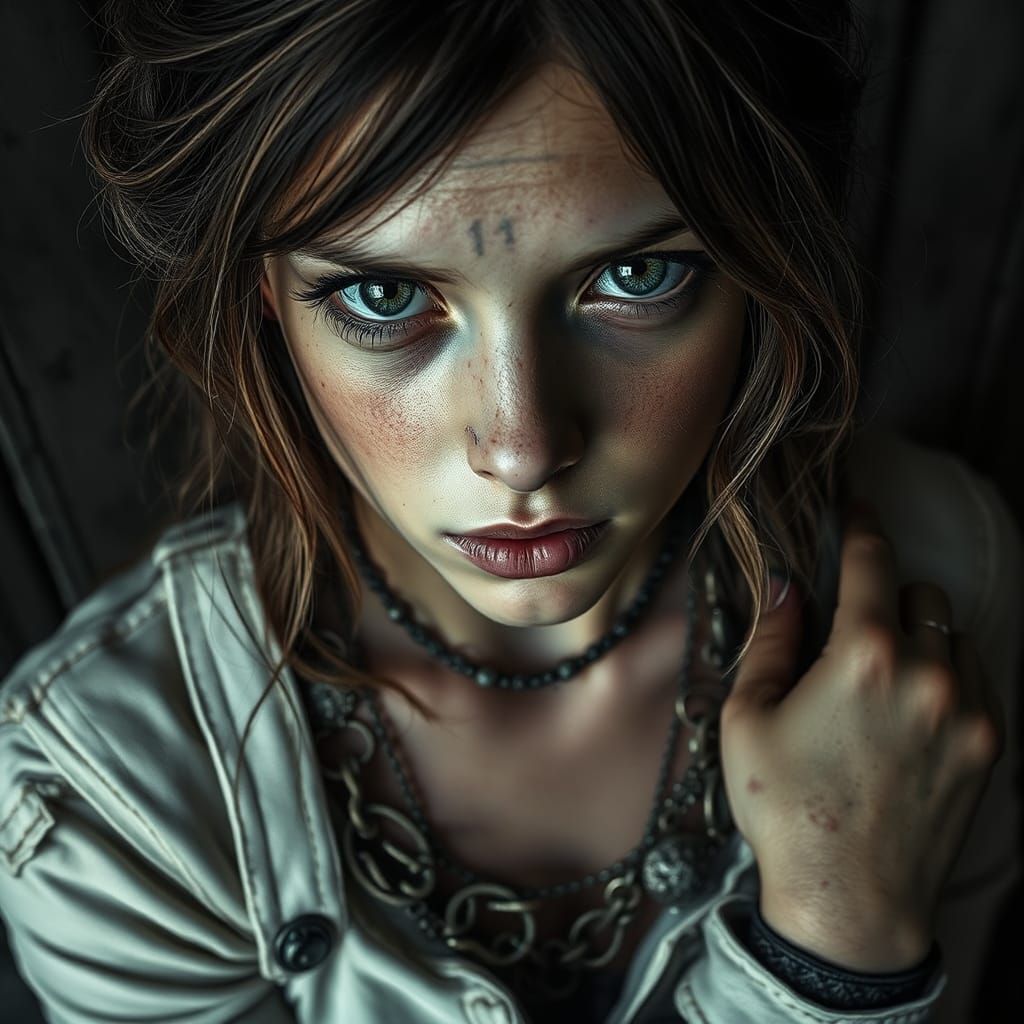 Eerie Grisaille Portrait of Woman with Pewter Jewelry