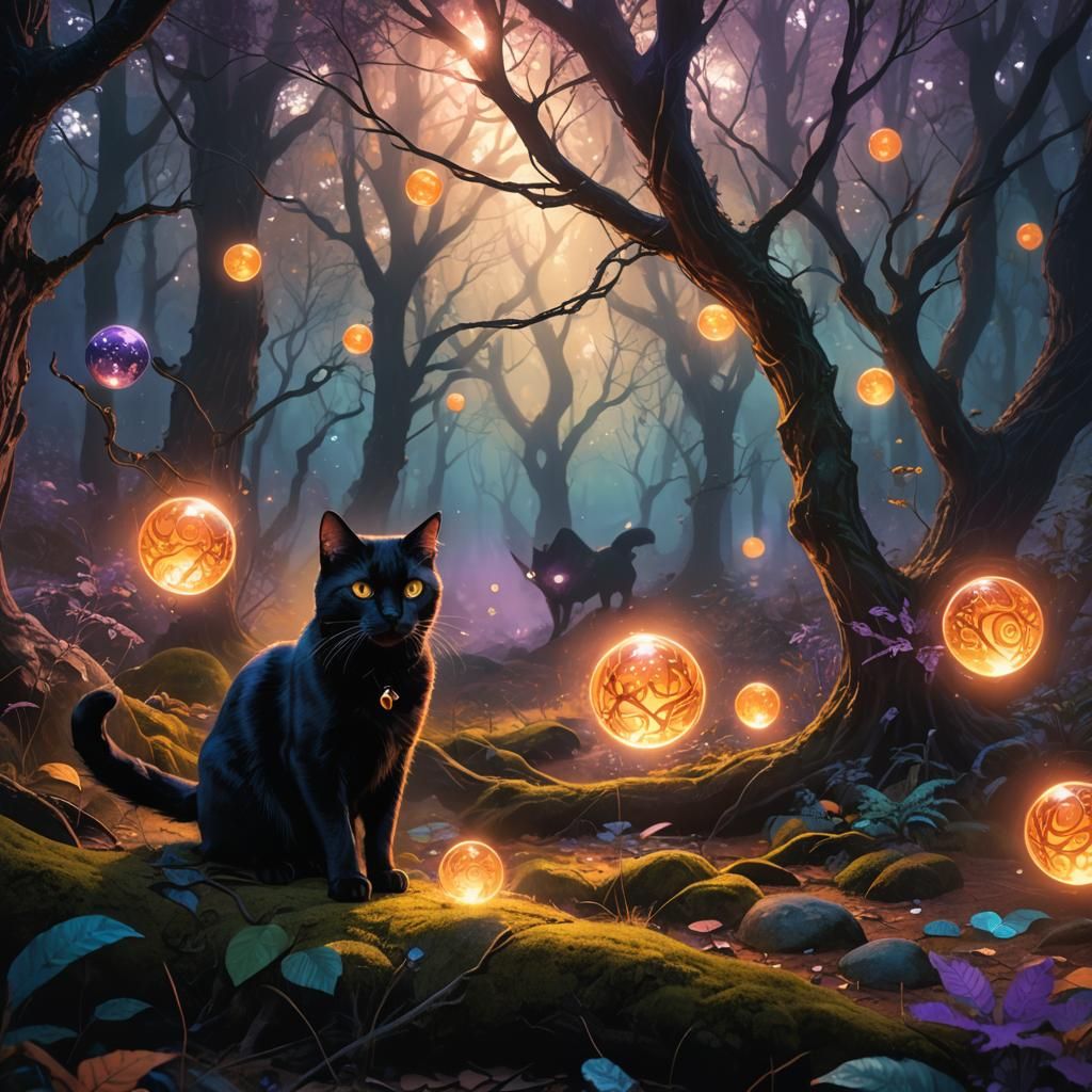 Mystical Black Cat in Magical Forest Concept Art
