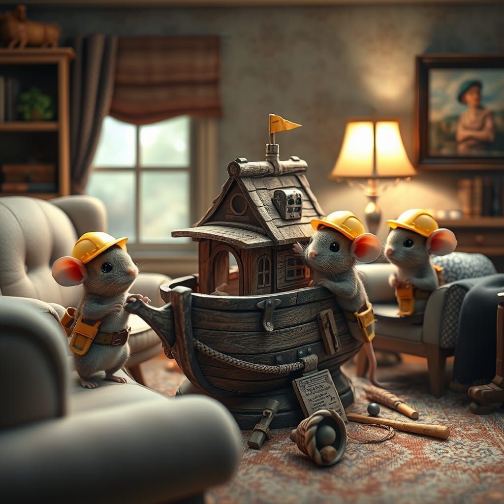 Whimsical Mice Builders in Cozy Living Room Scene