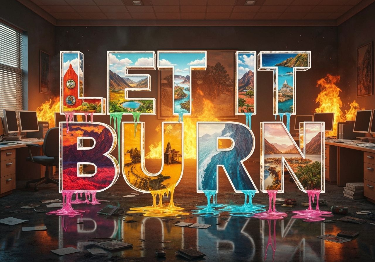 Burning Office with Travel Destination Letters