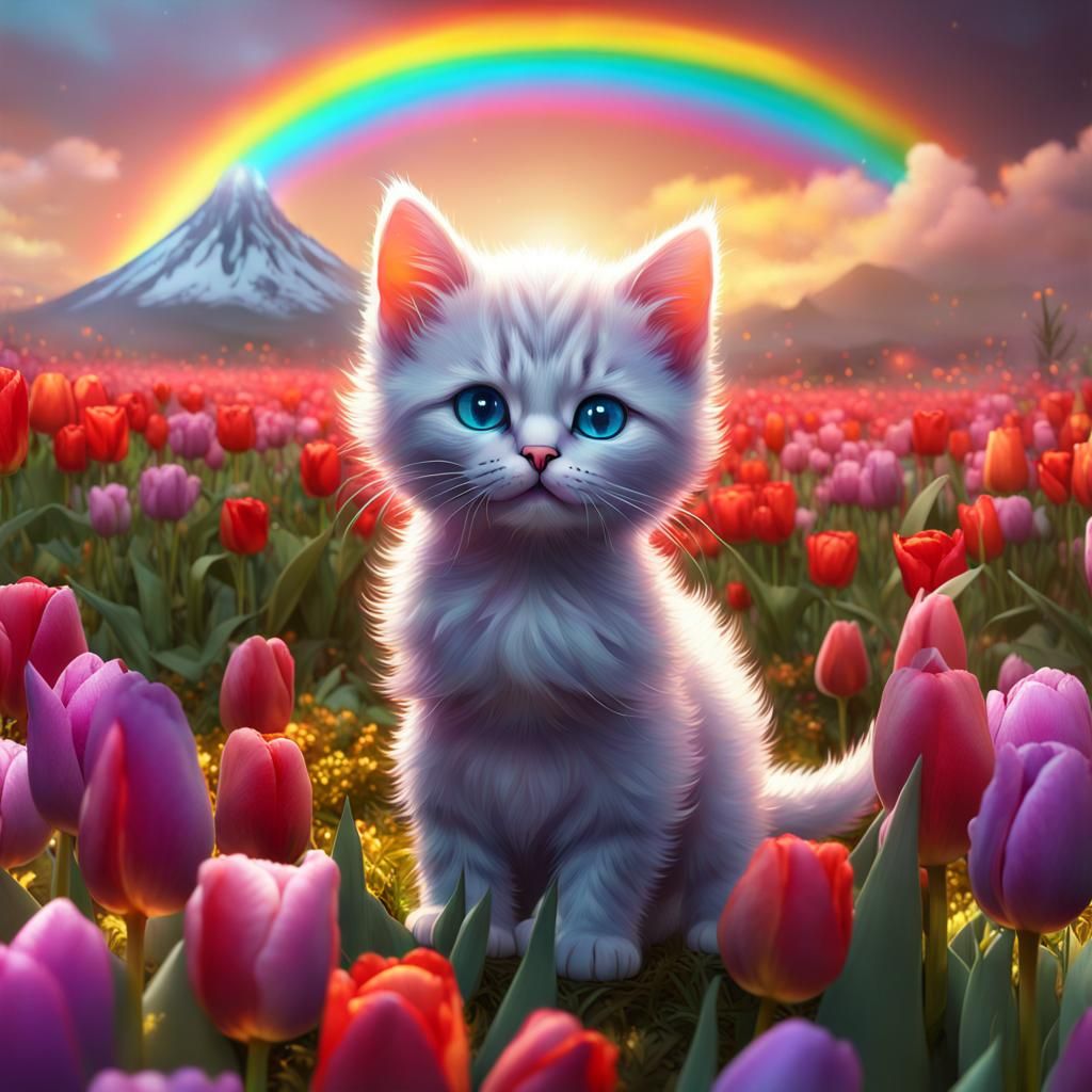 Rainbow Kitten and Volcano, Dark Fantasy Art