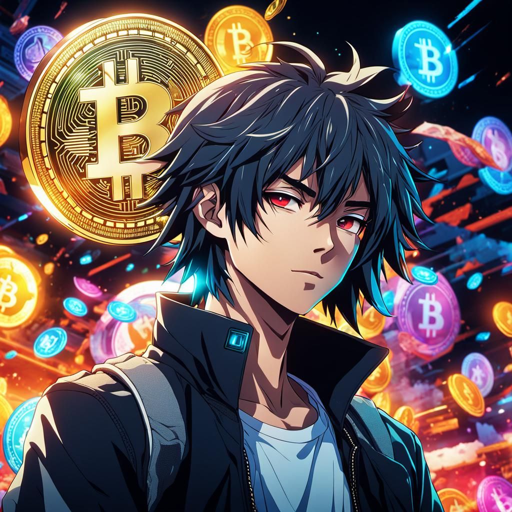 Anime Hero Smokes in Front of Cryptocurrency Background