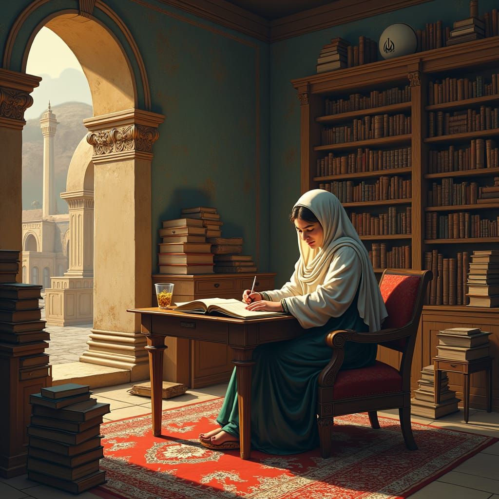 Iranian Woman Studies in Ancient Library, Miniature Art