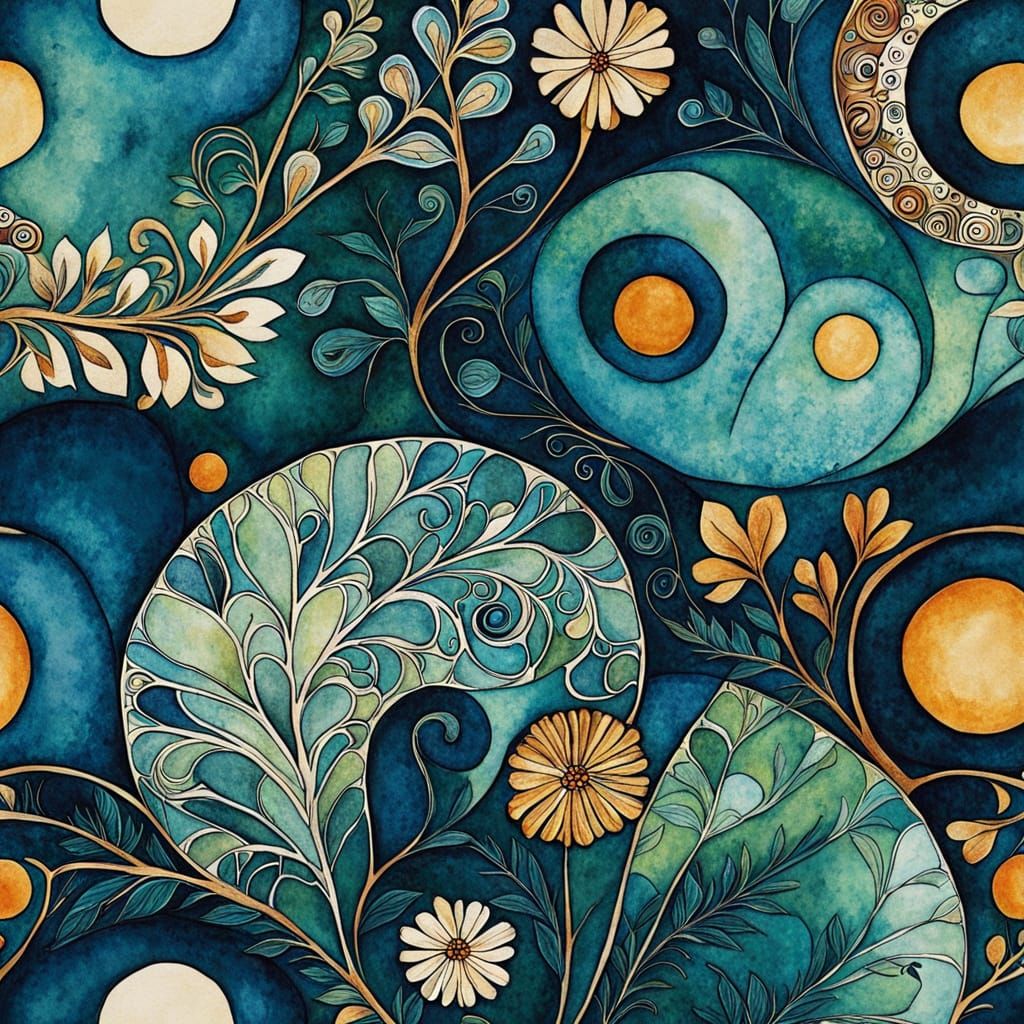 Whimsical Art Nouveau Village Scene in Folk Art Style