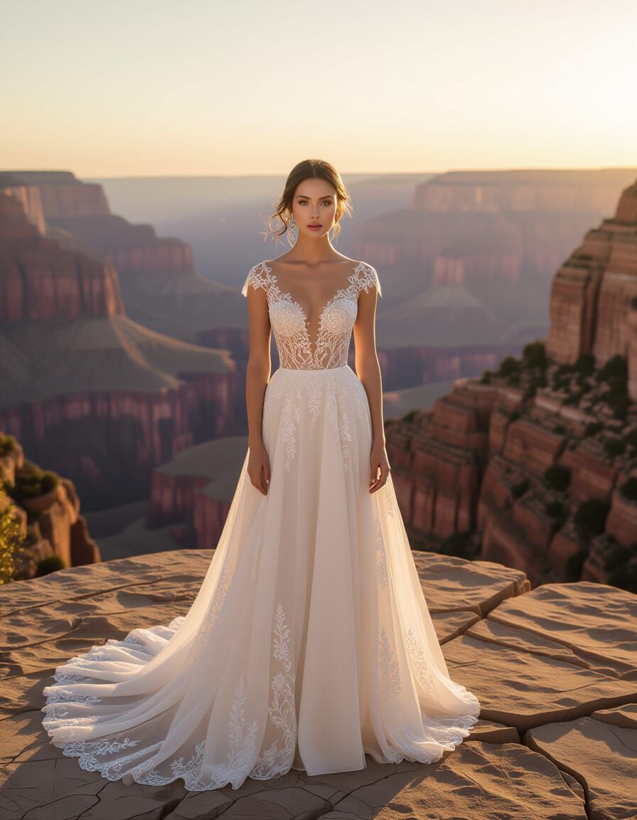 Ethereal Woman in White Gown Overlooking Canyon