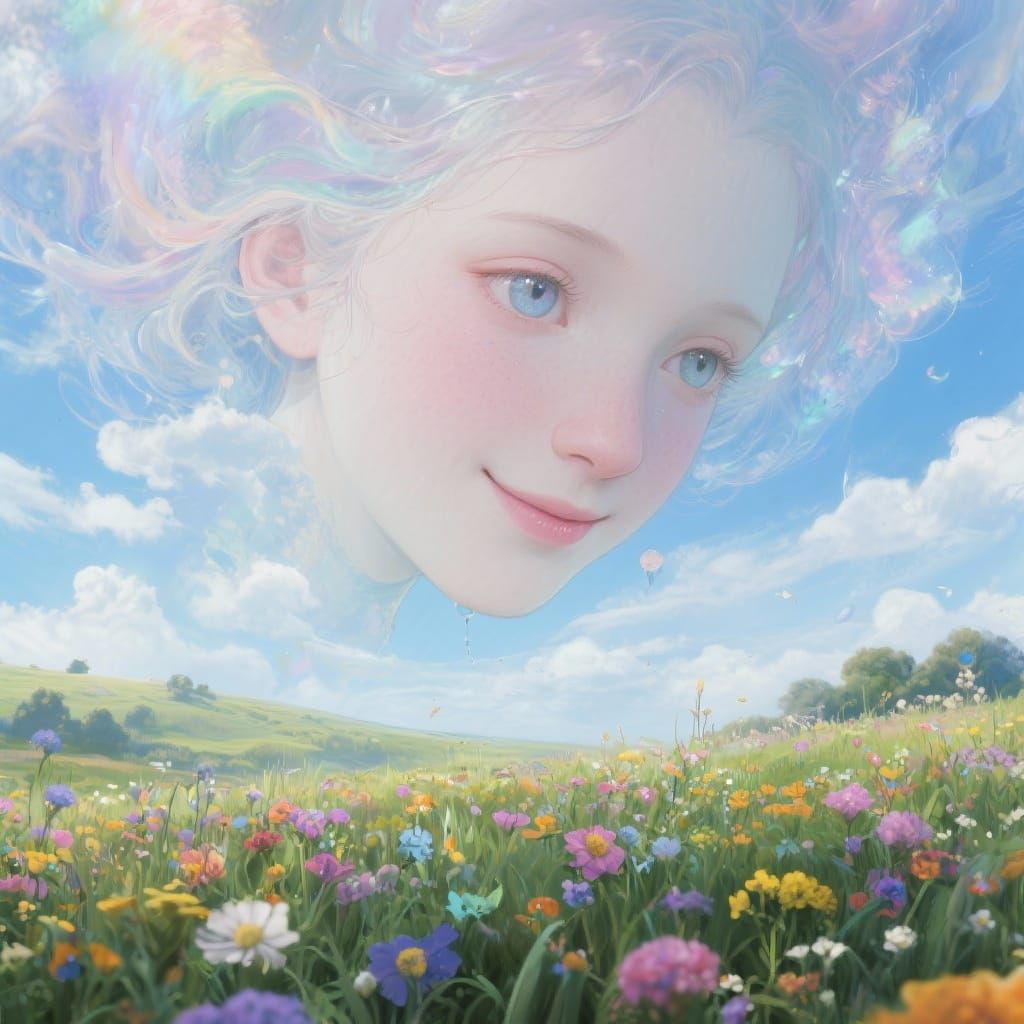 Ethereal Face Gazing Over Flowering Meadow