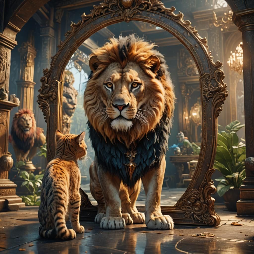Fantasy Cat Sees Lion Reflection