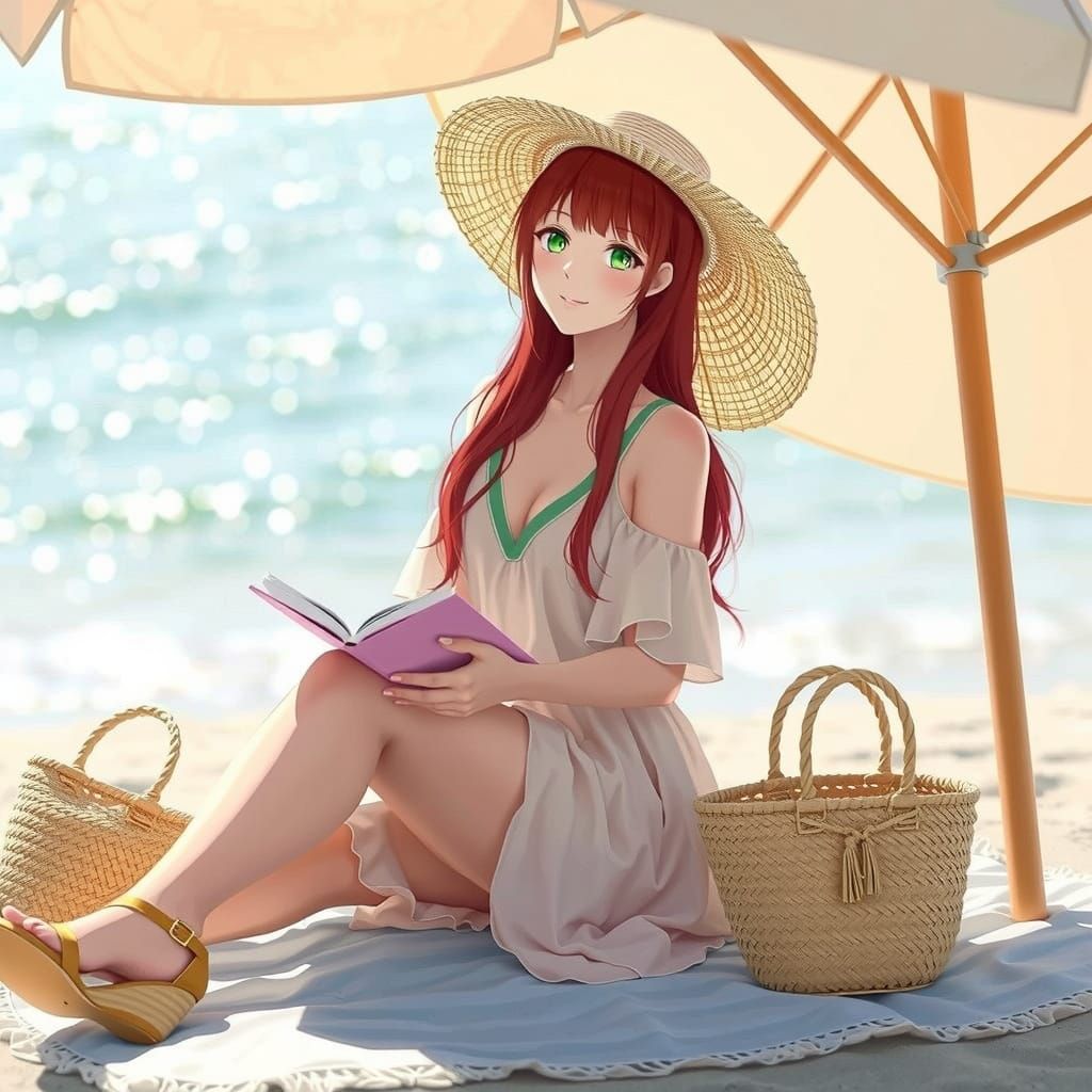 A Petite Japanese Woman Reads by the Ocean in a Pastel Beach...