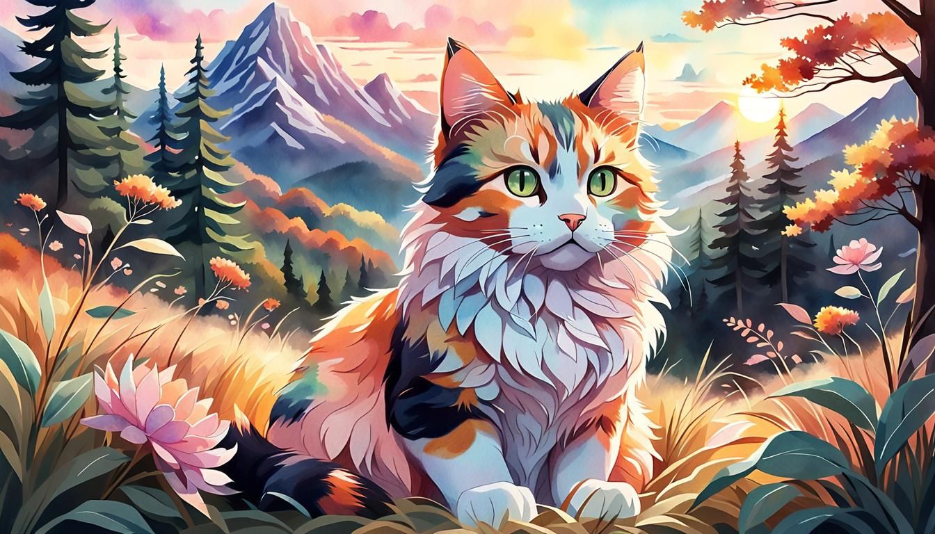 Calico Cat in Futuristic Anime Autumn Landscape