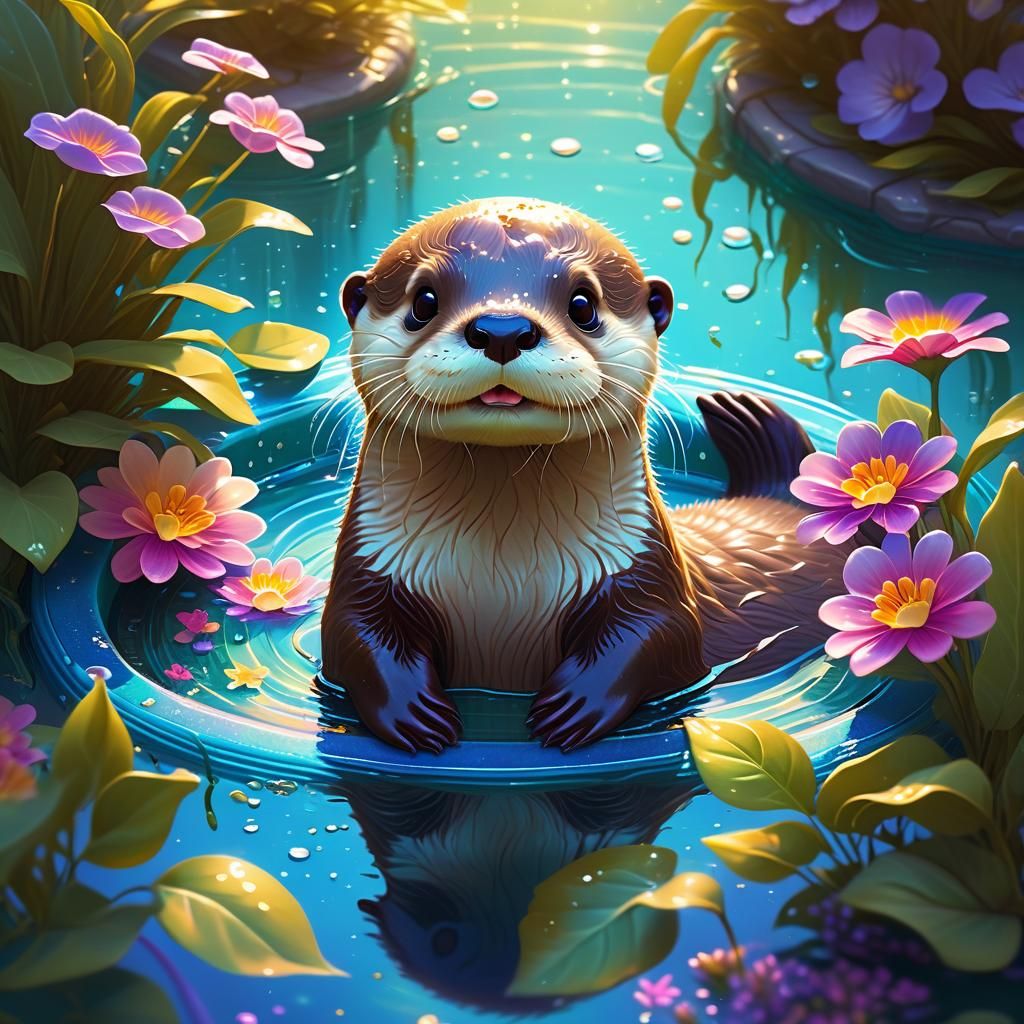 Kawaii Otter Plays in Pool: Art Nouveau Oil Painting