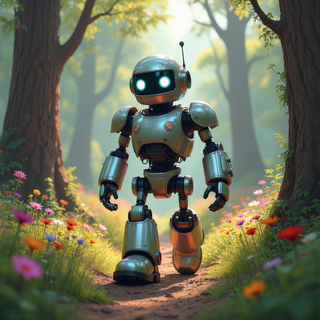 Funny Robot Explores Whimsical Forest in 3D
