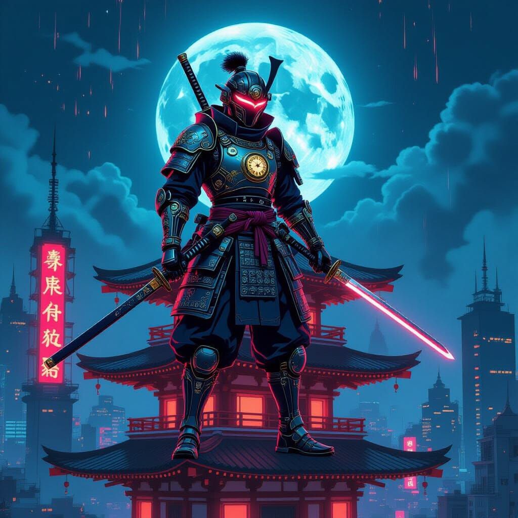 Steampunk Samurai Warrior in Cyberpunk Cityscape