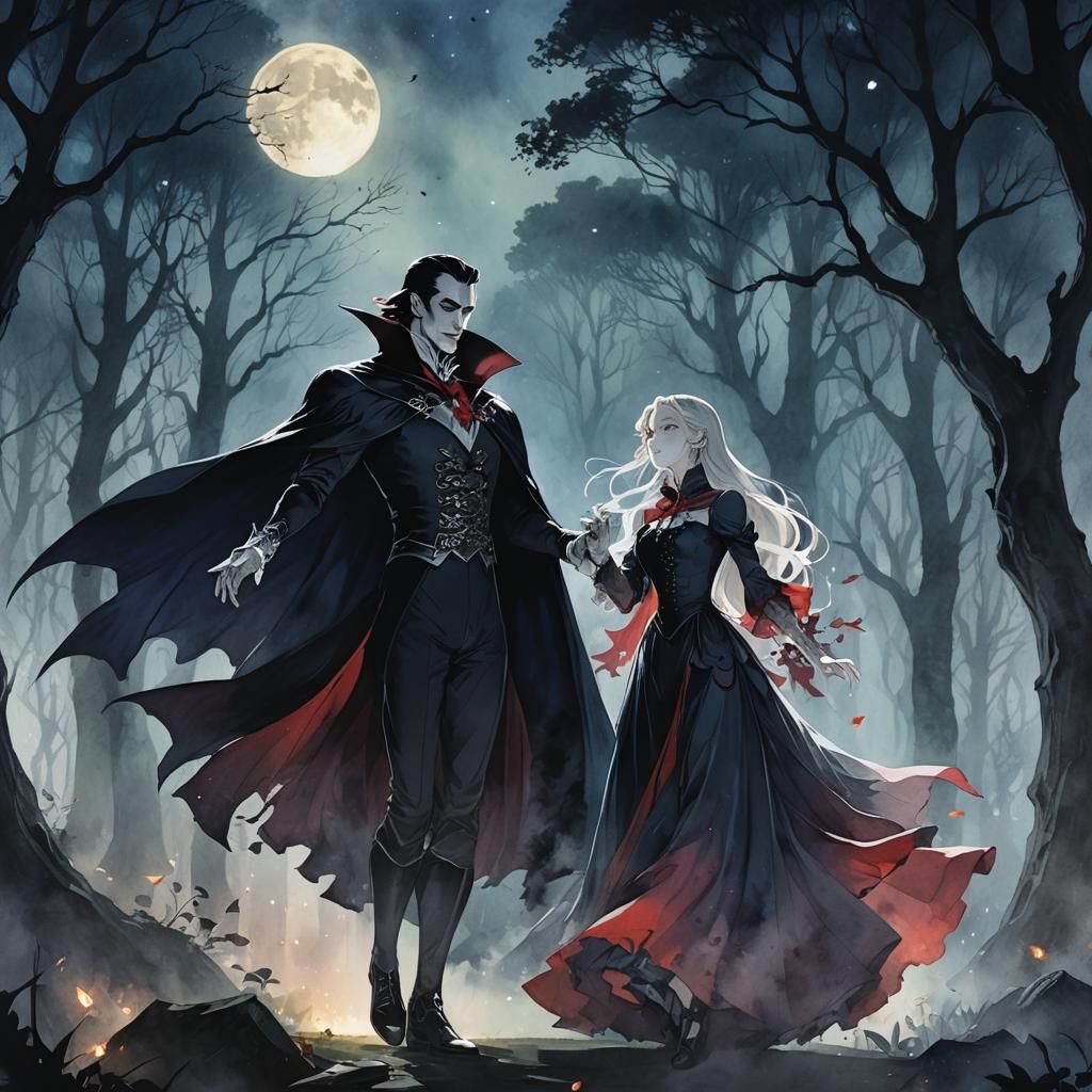 Dracula and Wife Dancing in Moonlit Clearing: Gothic Anime