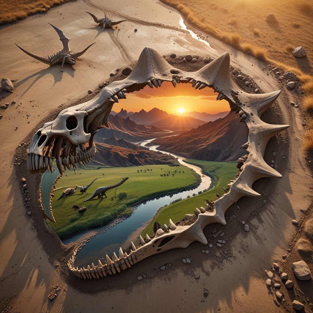 Dinosaur Skull and Prehistoric River Composite