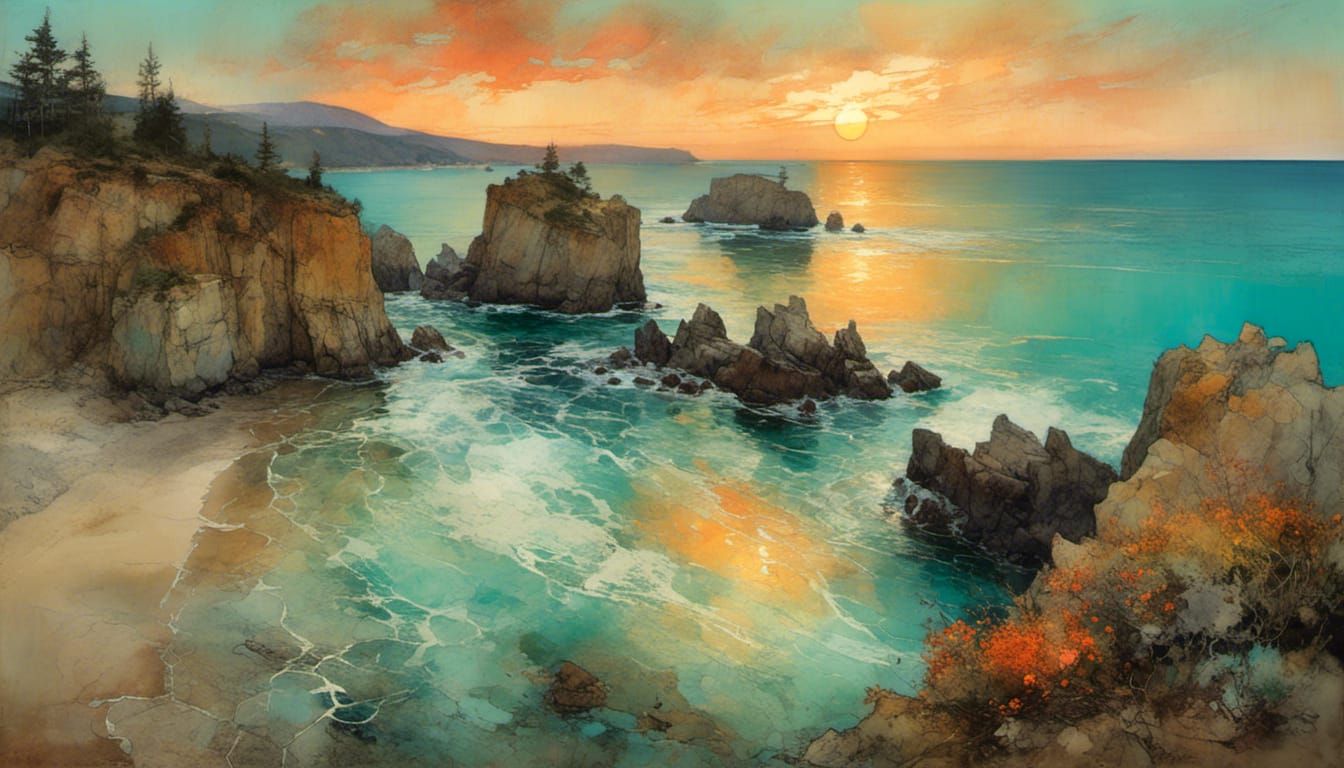 Golden Sunset over Turquoise Waters in Romanticism Style