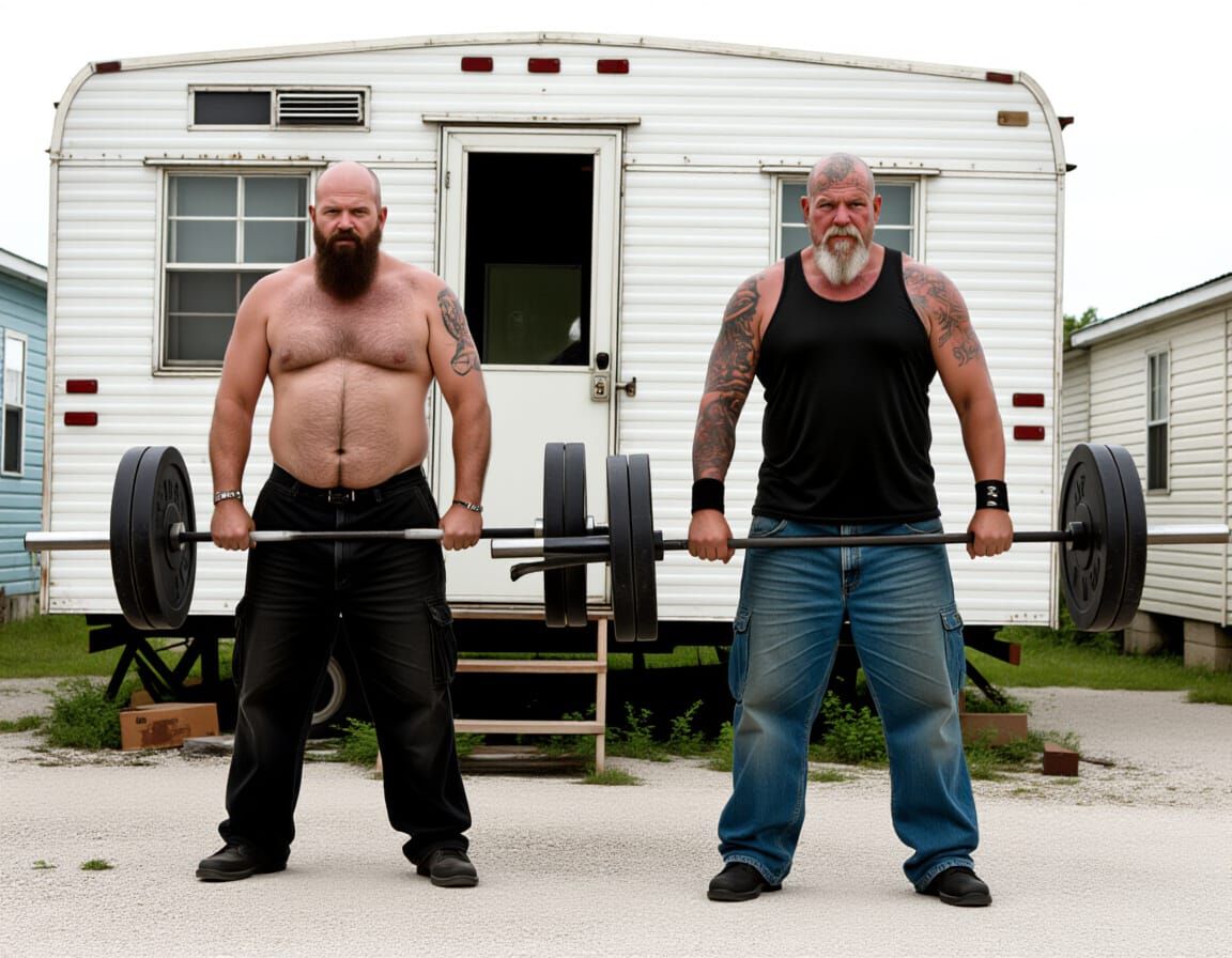 Weathered Ex-Cons Lifting Weights in Realistic Style