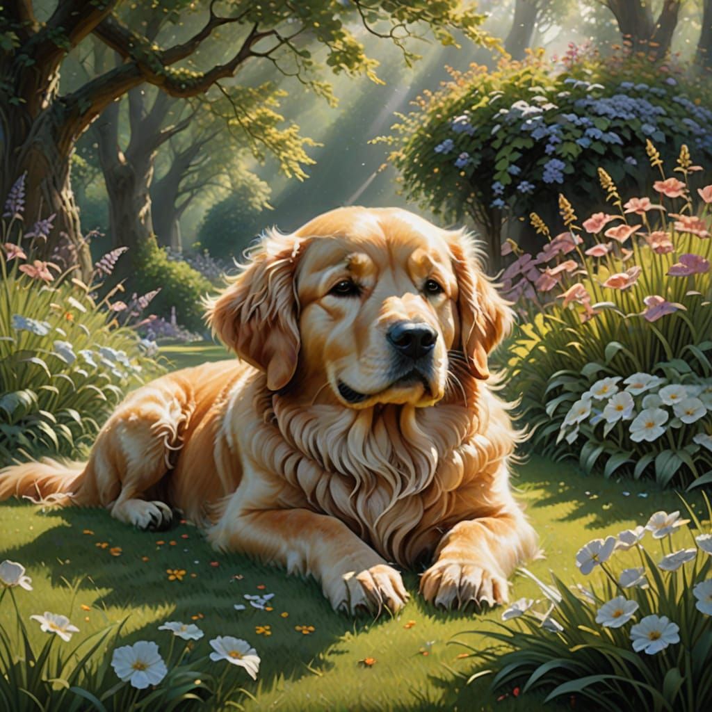 Golden Retriever Sleeping in a Sunlit Meadow
