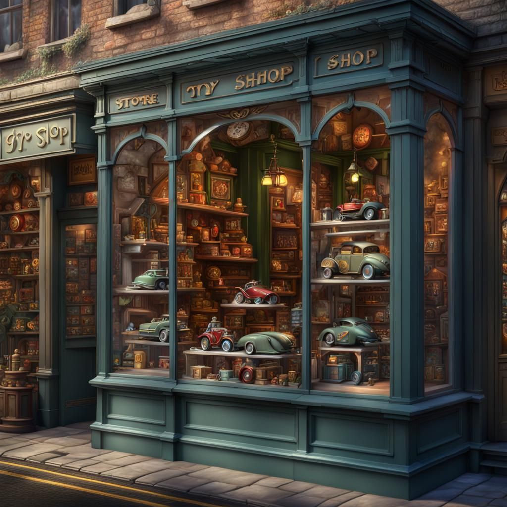 Toy Shop Window Display in Detailed Matte Painting