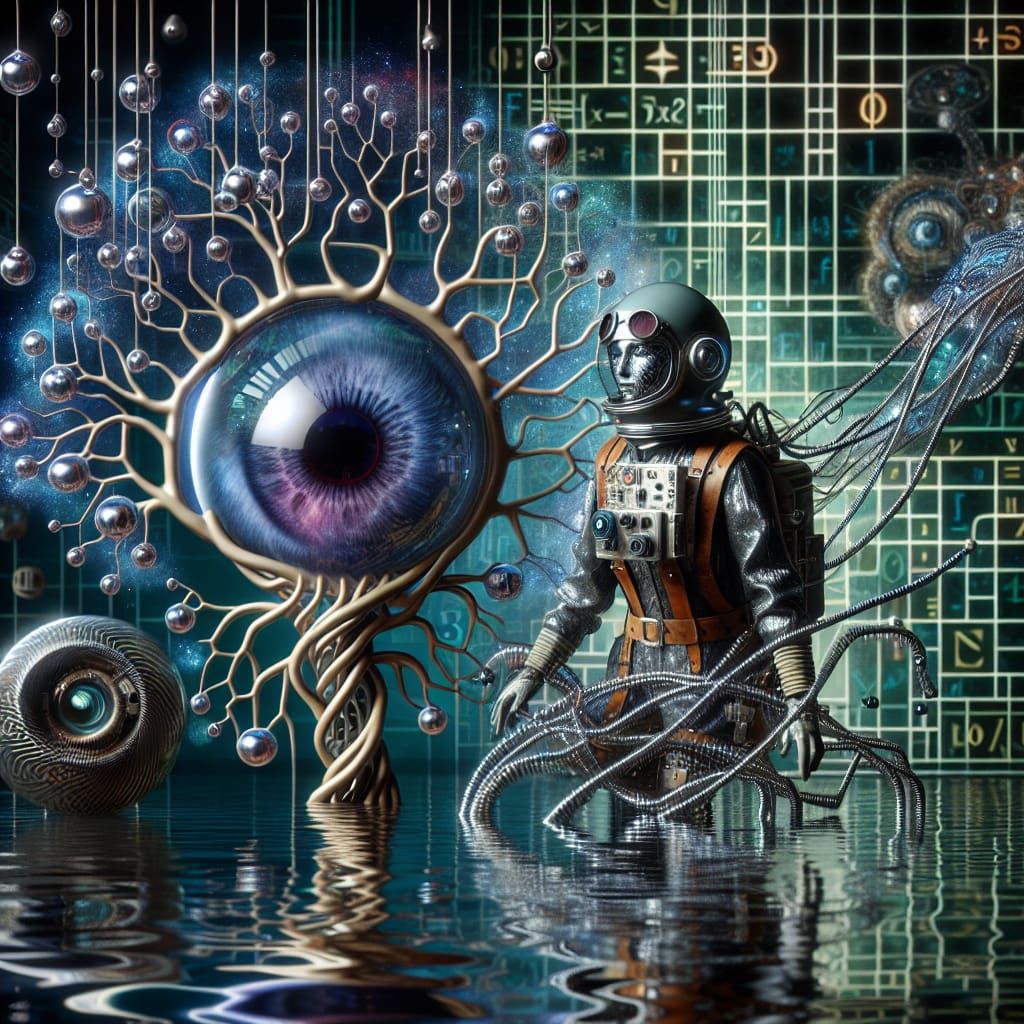 Cybernetic Space Pilot in Surreal Metallic Scene