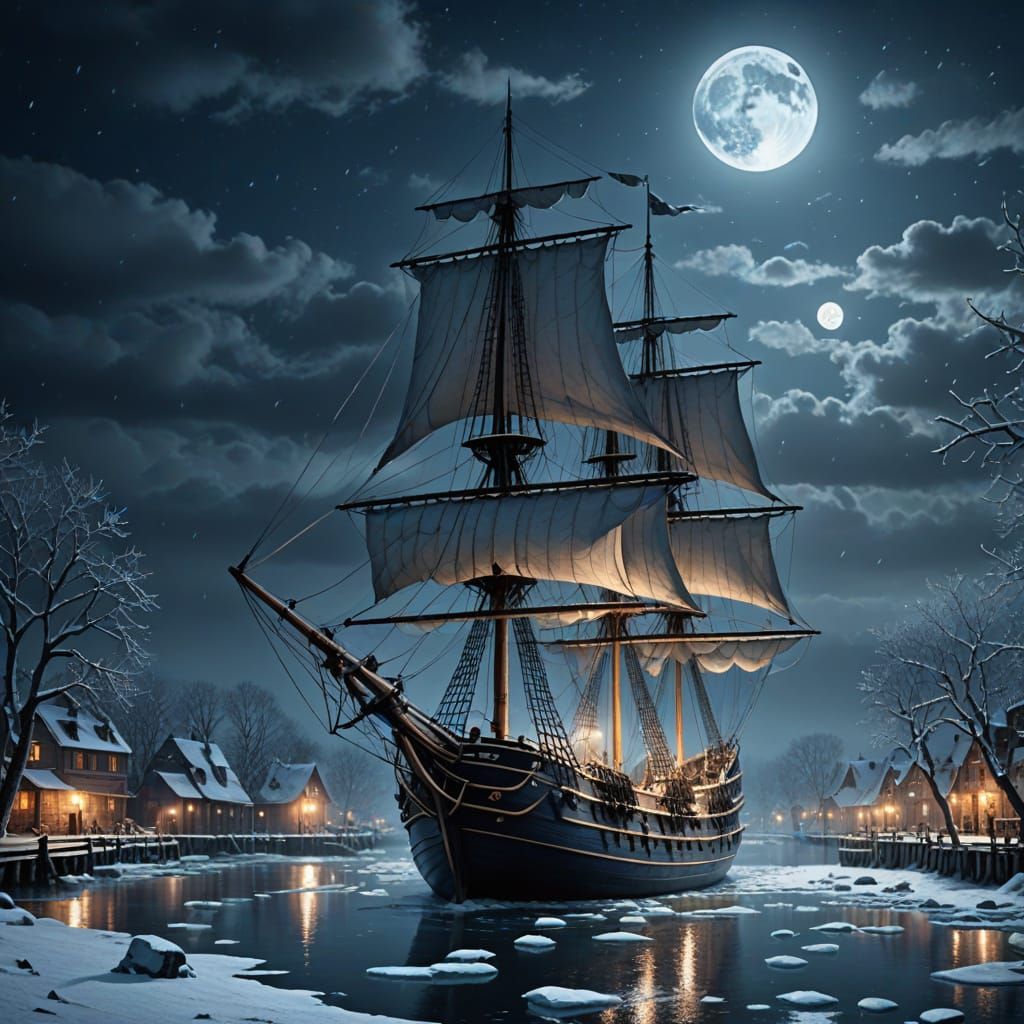 Medieval Ice-Covered Sailing Ship in Eerie Moonlight Harbor