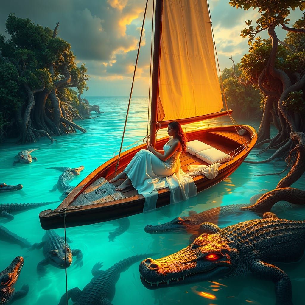 A Dreamy Sailboat Scene in a Serene Yet Treacherous Lagoon