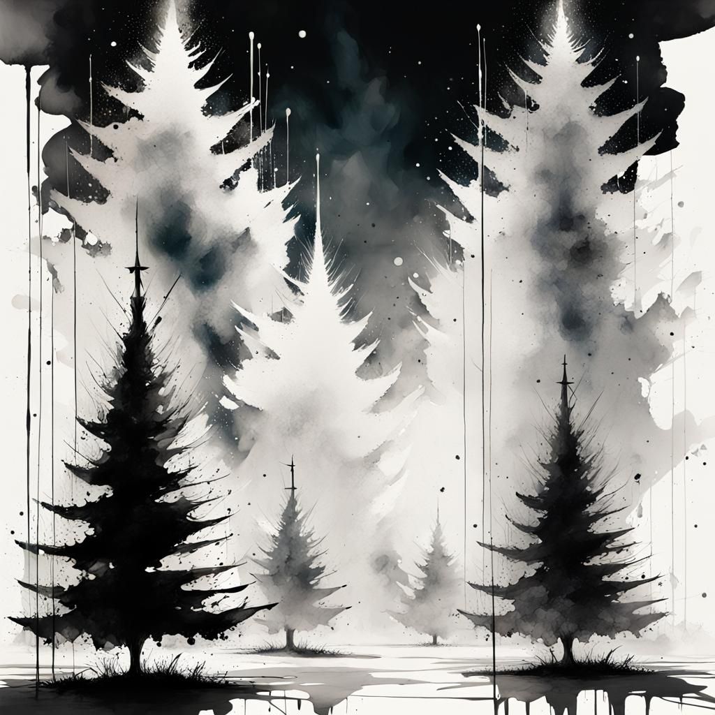 Noir Christmas Tree Line Art with Ink Splatter