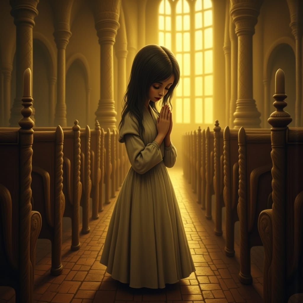 Surreal Chapel Scene in Whimsical Art Style with Gold and Si...