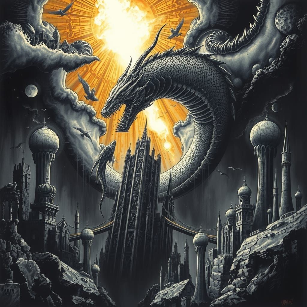 Apocalyptic Cityscape in Charcoal and Iridescent Scales