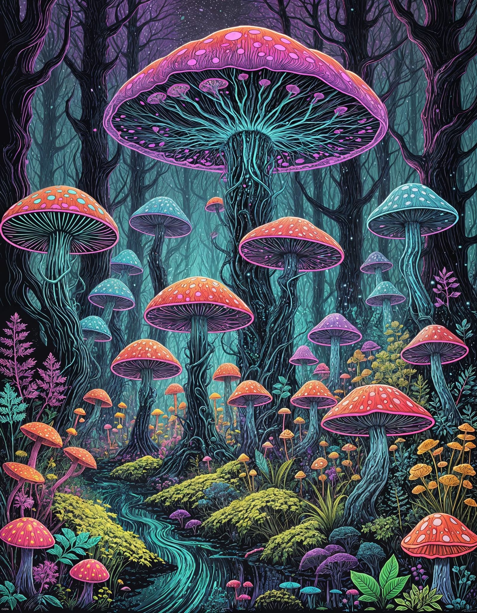 Glowing Mushroom Forest in Psychedelic Poster Style