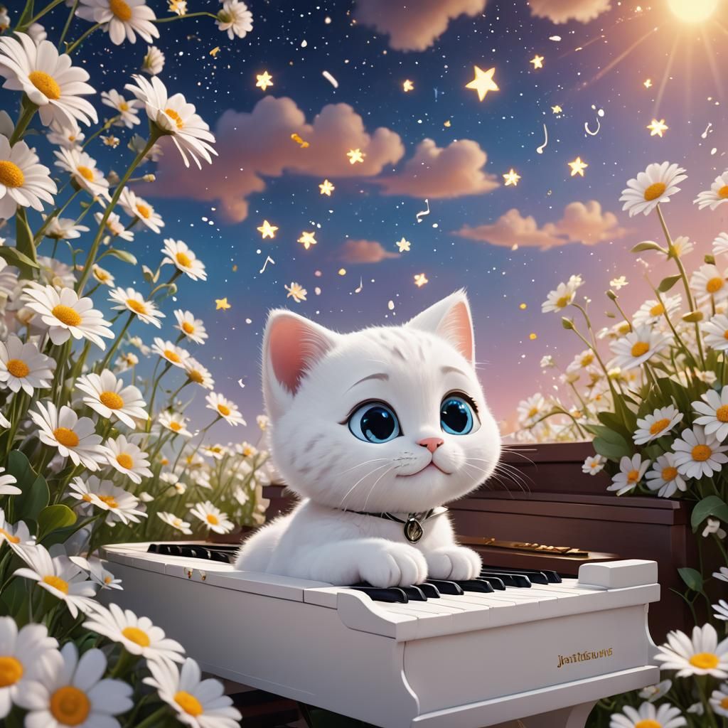 Cute Kitten Plays Piano in Whimsical 3D Render