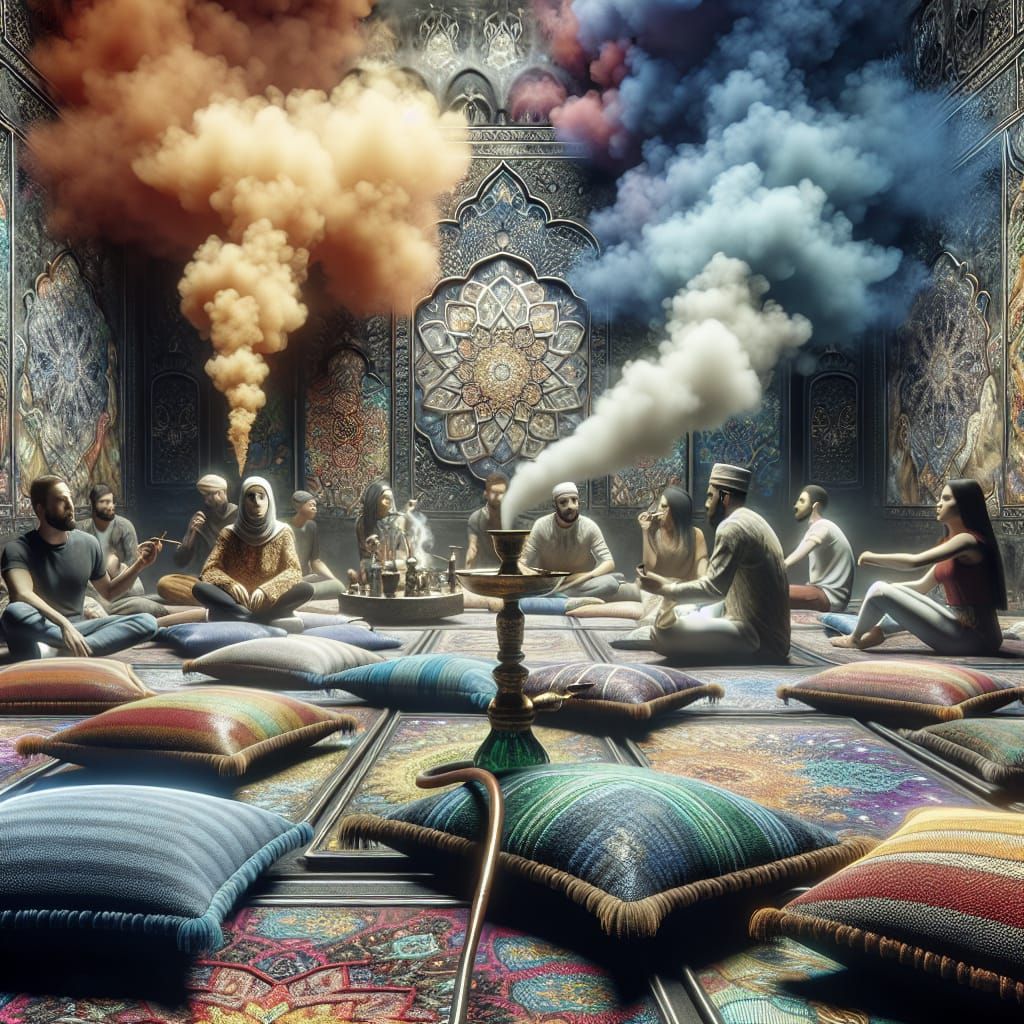 Smoky Narghile Room with Pillows in Matte Painting Style