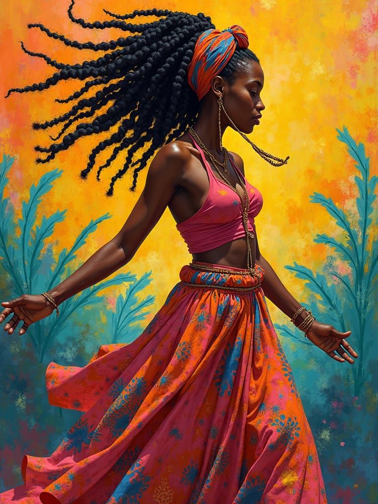 Vibrant Woman Dancing with Swirling Shapes
