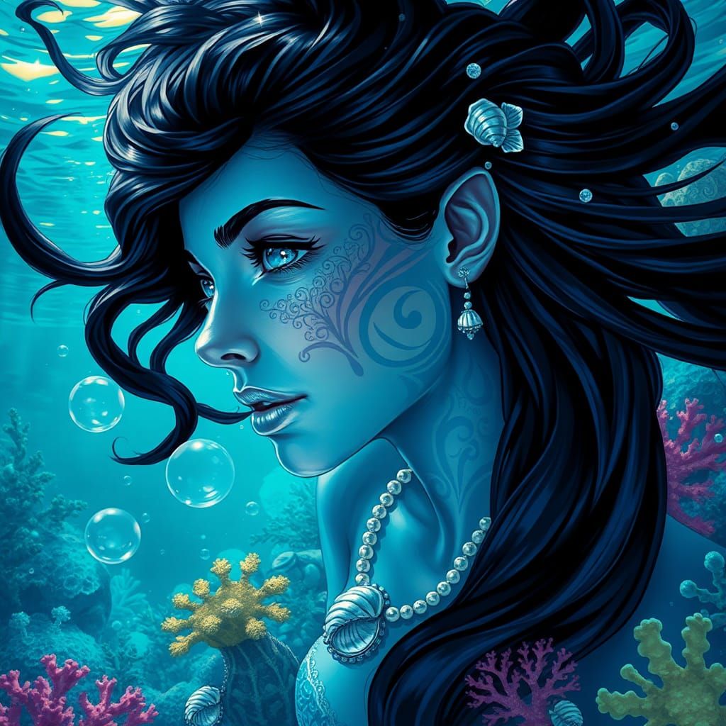 Blue Mermaid with Cyan Tattoos Underwater