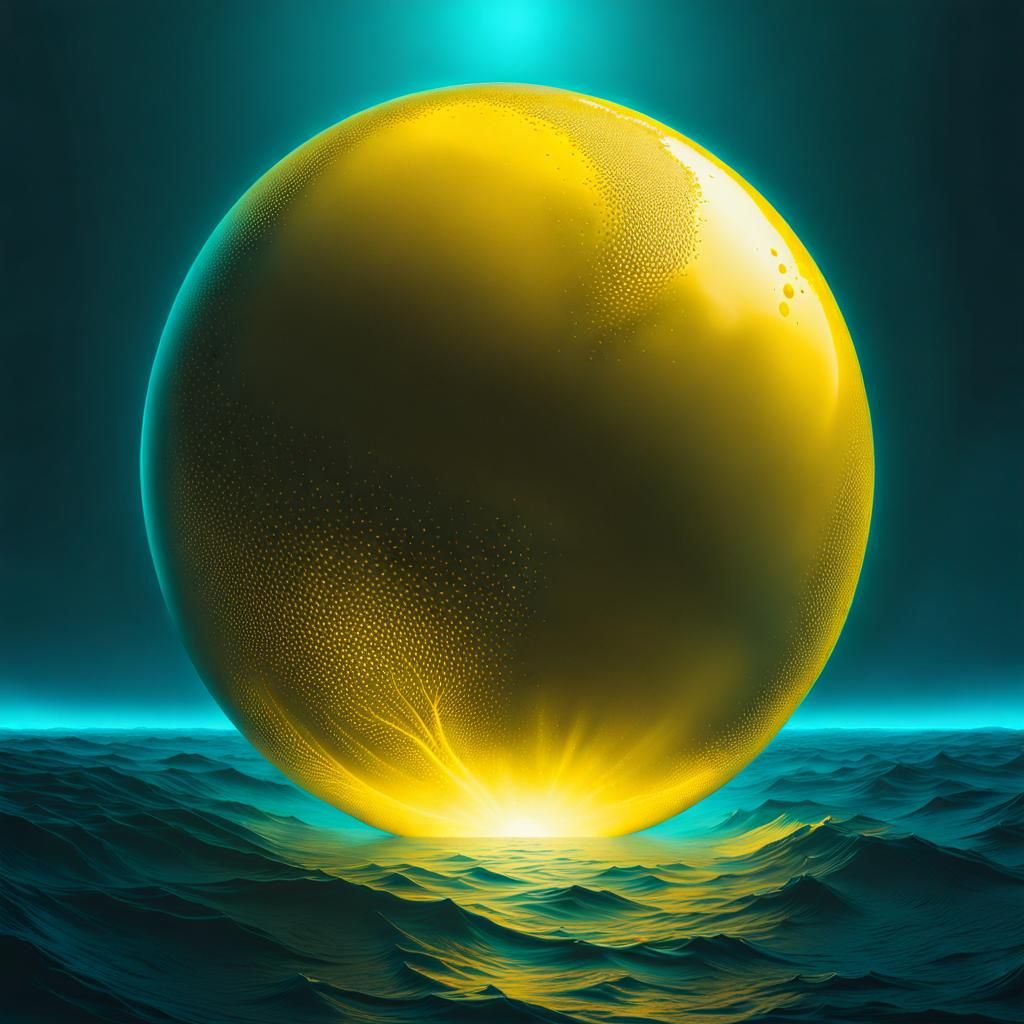 Glowing Yellow Sphere in Teal Blue Ocean Depths