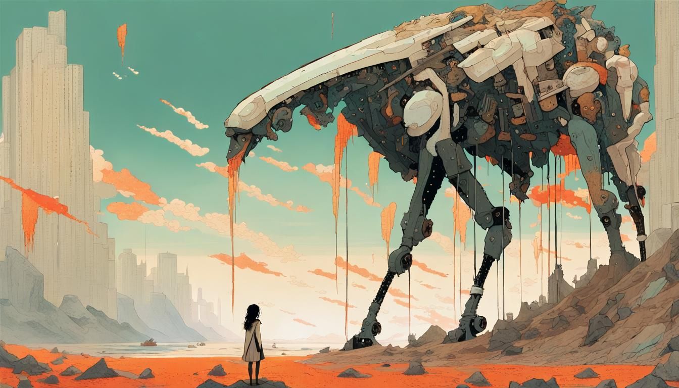 Dystopian Wasteland with Giant Creatures in Pixel Art