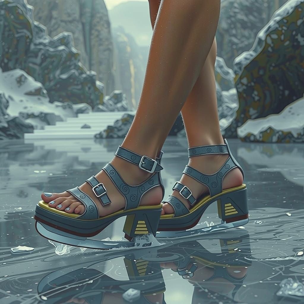 Woman's Feet in Cyberpunk Ice Skates, Suspended in Mid-Air