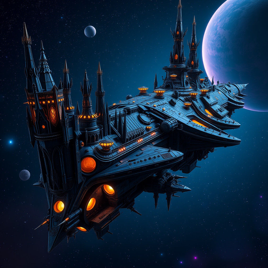 Gothic Warhammer Spaceship in Starry Expanse: 3D Render