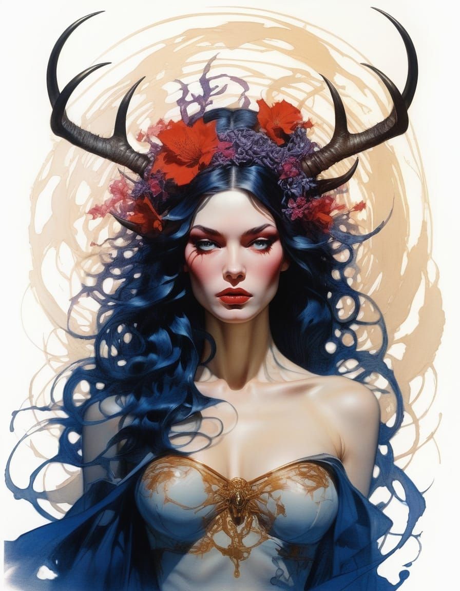 Ethereal Femme Fatale in Corvidicon-Style Sumi-e Illustratio...