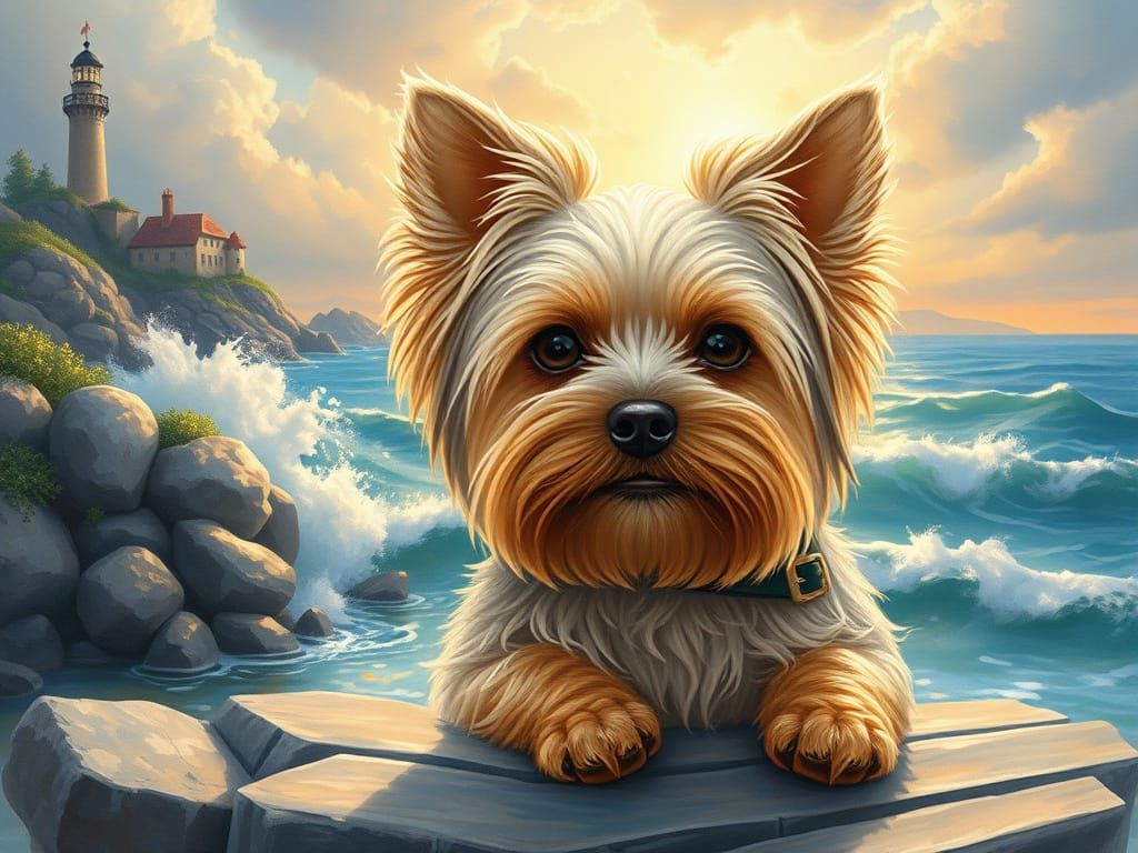 Whimsical Cottage Scene with Adorable Yorkie Dog