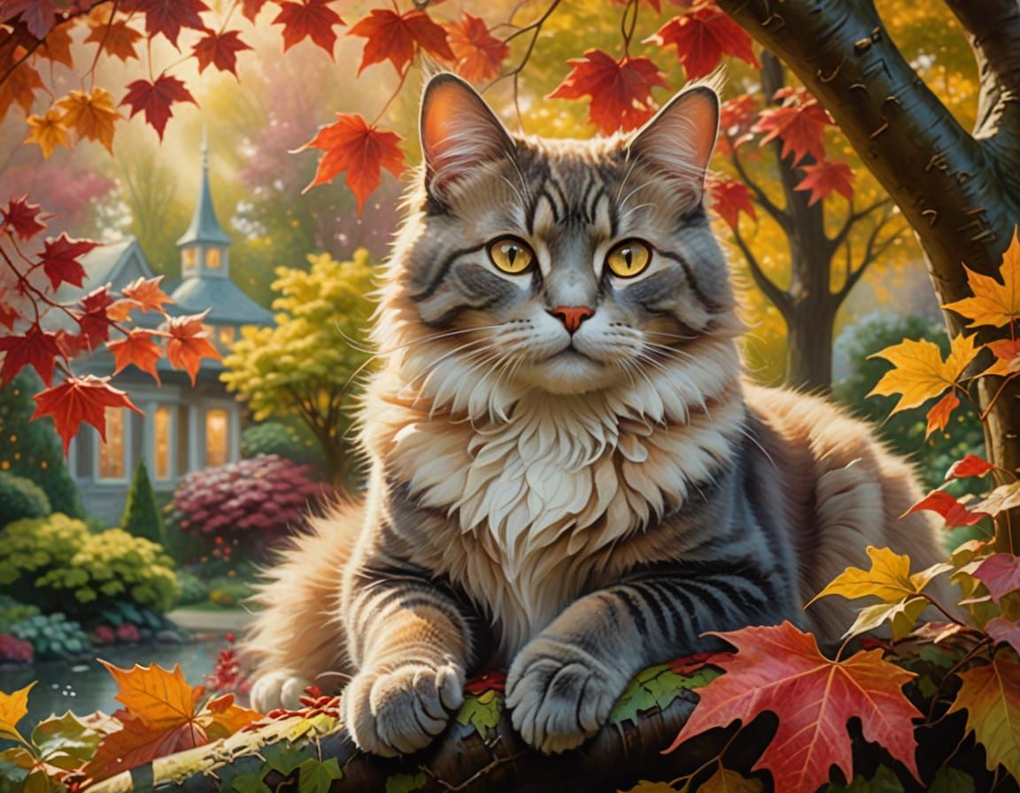 Cat in Garden on Maple Tree in Kinkade Style
