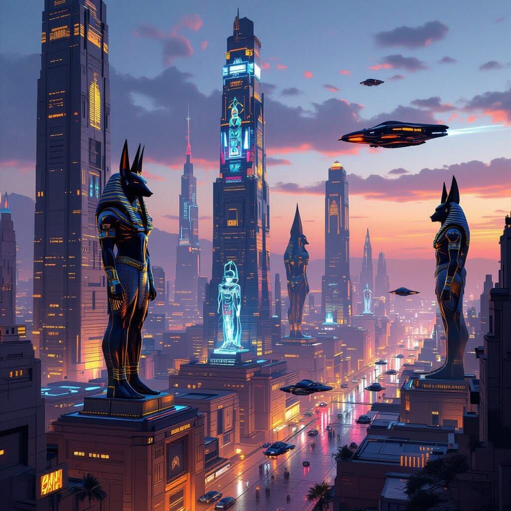 Cyberpunk Egyptian City with Anubis Monuments at Dusk