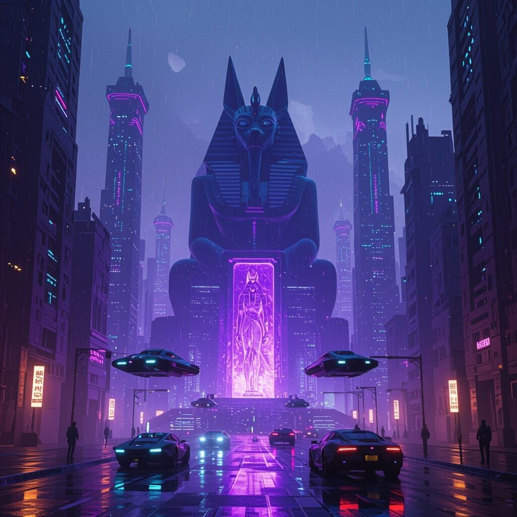 Cyberpunk Egyptian City with Anubis Monuments