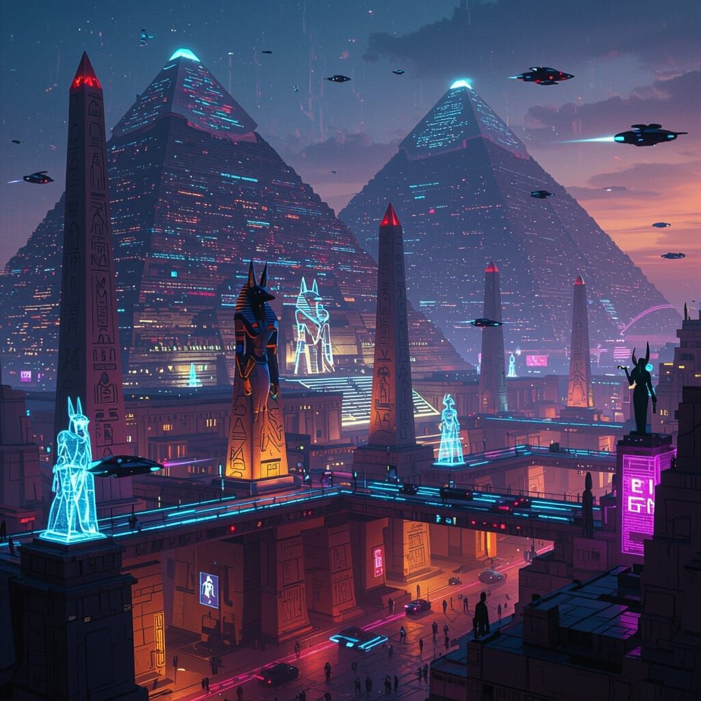 Cyberpunk Egyptian City with Anubis Monuments