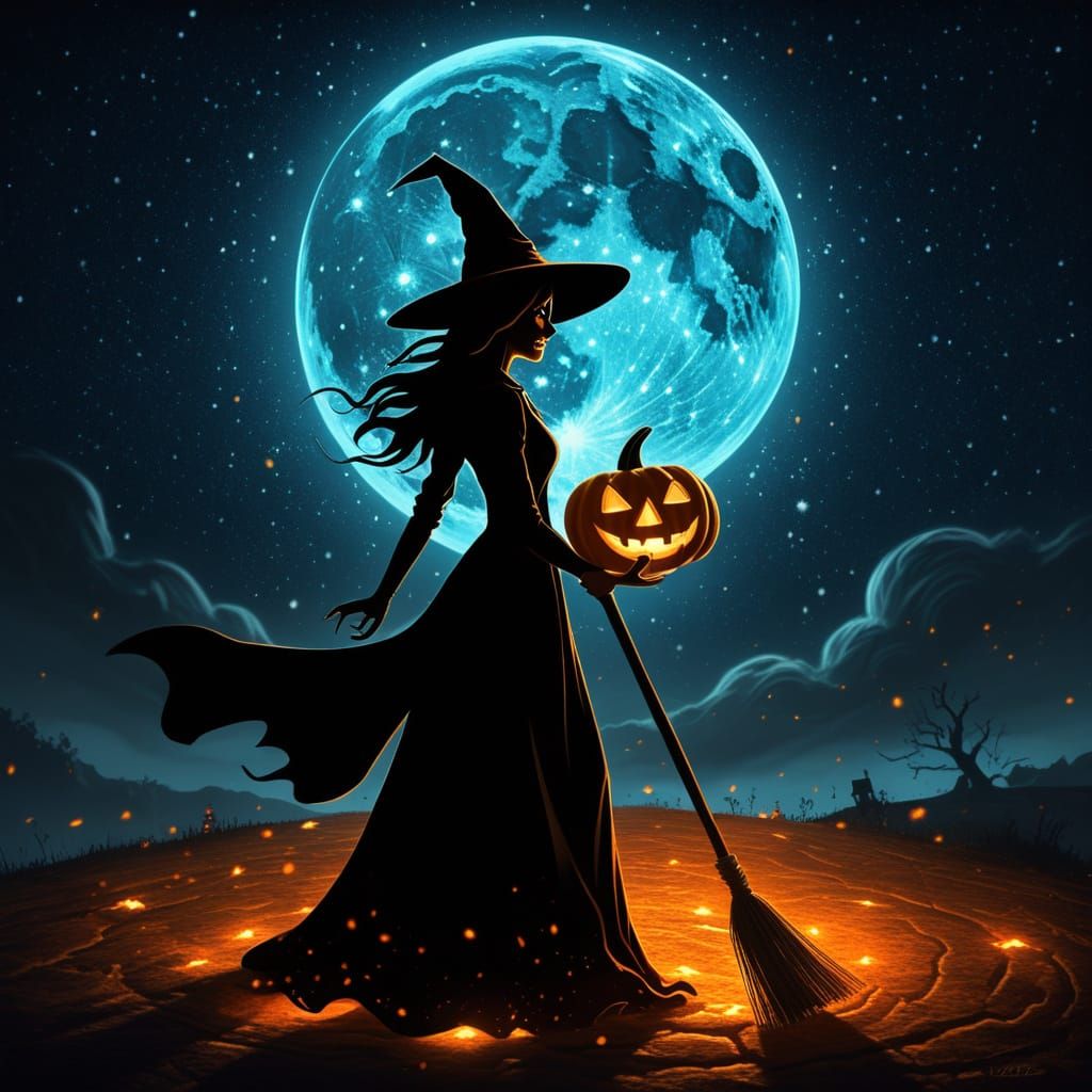 Mysterious Witch Silhouette with Broomstick in Digital Paint...