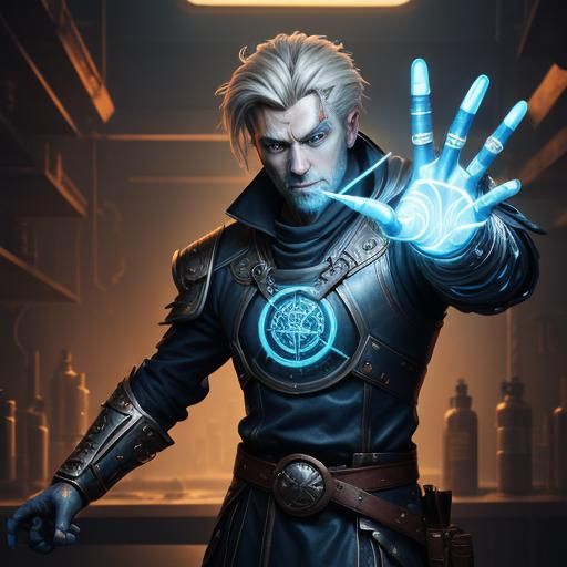 Cyberpunk Artificer Casting Electric Spell, DnD Illustration