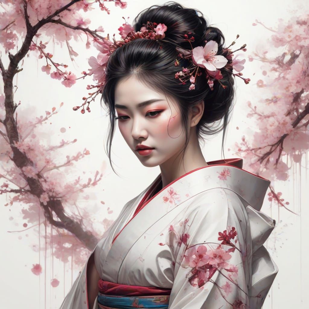 Ethereal Geisha Blossoms in Dreamlike Cherry Orchard